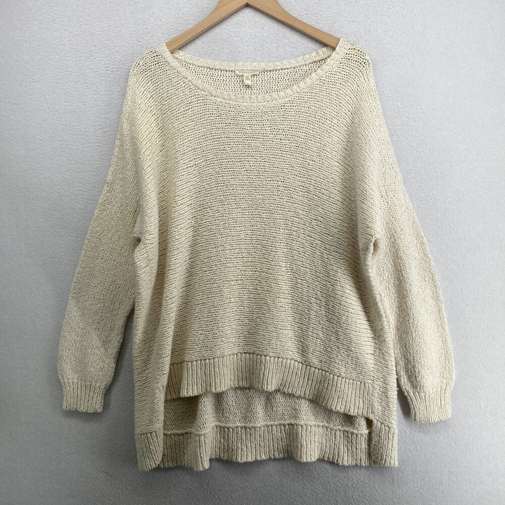 EILEEN FISHER Sweater L Organic Cotton Boucle Chunky Hi Low Jumper Beige